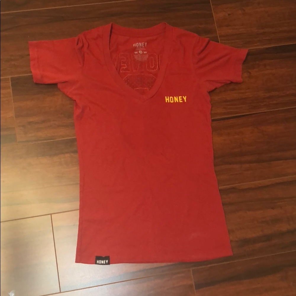 honey brand co red shirt.
